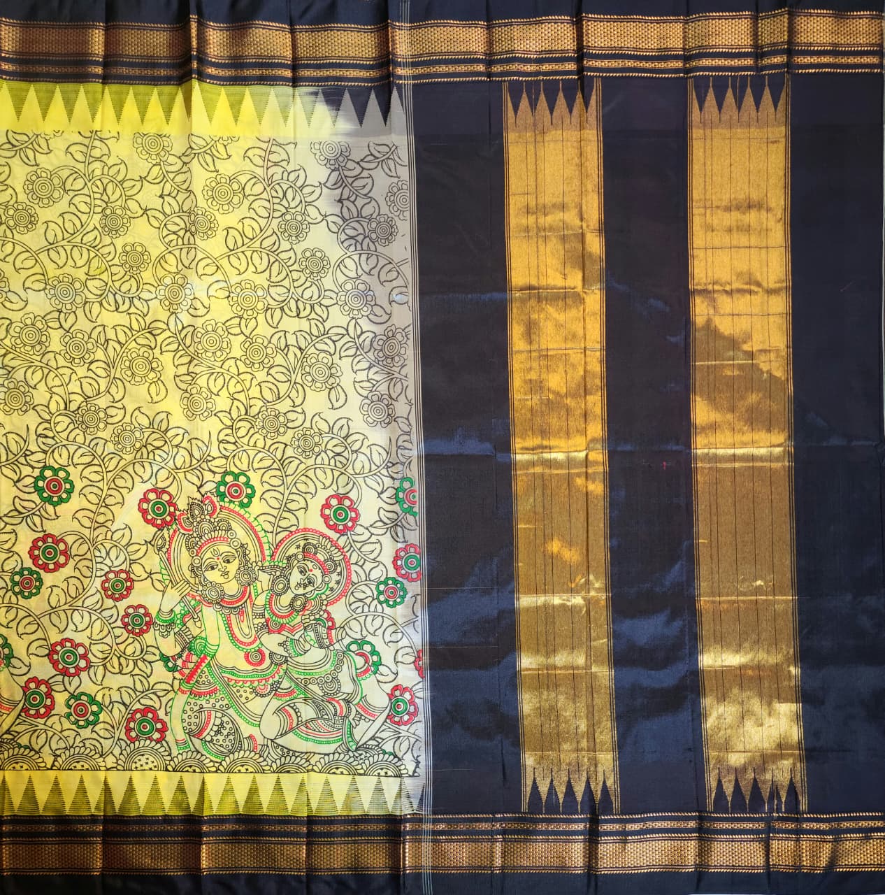 Vibrant Yellow Ilkal–Kalamkari Floral print Fusion Saree