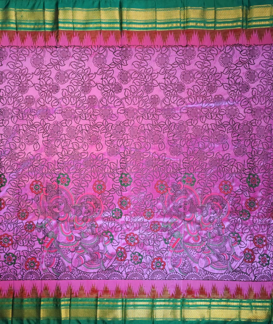 Rich Pink Ilkal–Kalamkari Floral print Fusion Saree