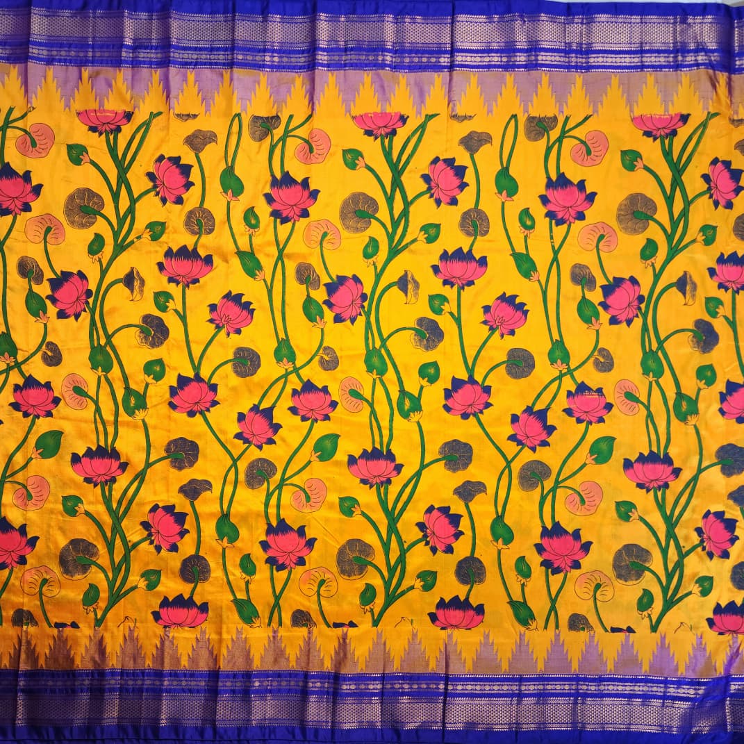 Vibrant Mustard Yellow Ilkal–Kalamkari Floral print Fusion Saree