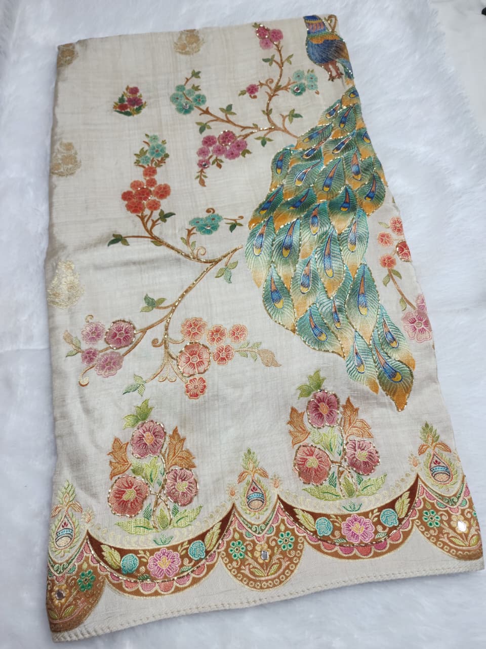 Elegant Zardosi Embroidered Silk Saree in Soft Ivory Base