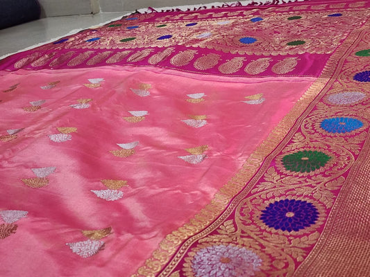 Pure Gadwal Silk Saree – Peach Rose with Rani Pink Zari Border