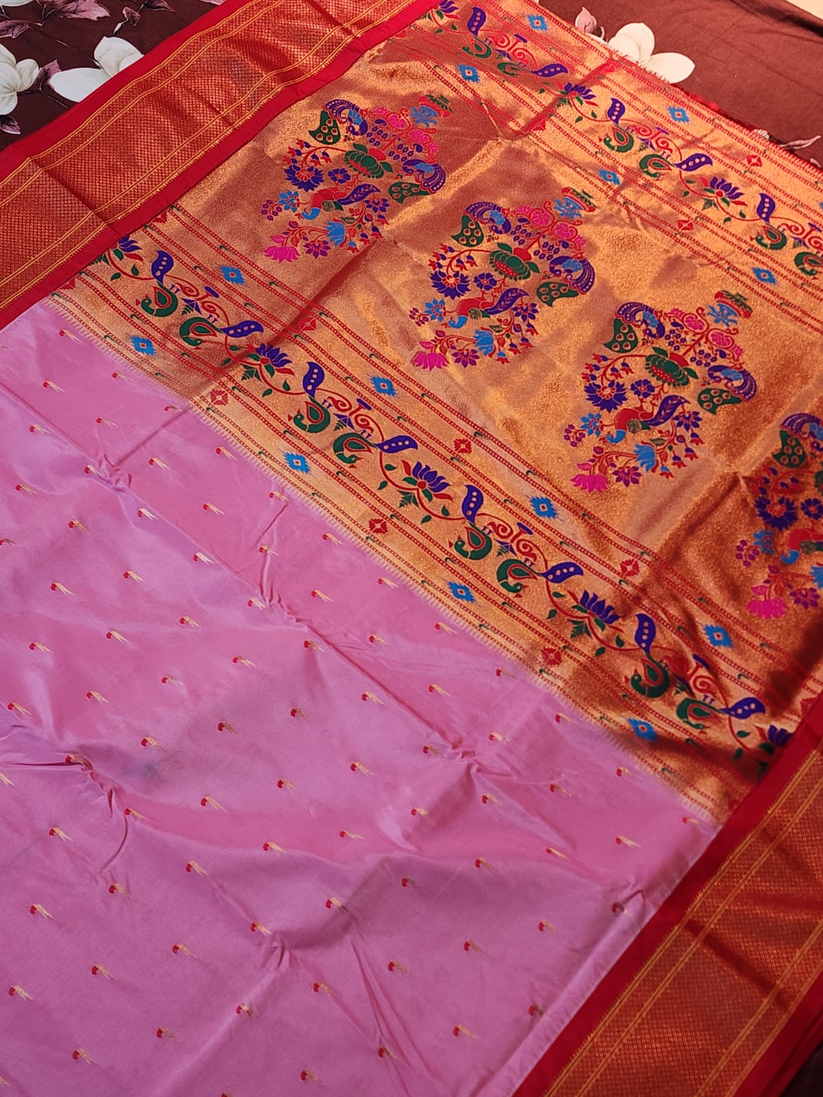 Blush Pink Paithani Saree with Red Kadiyal Border & Muniya Buttas