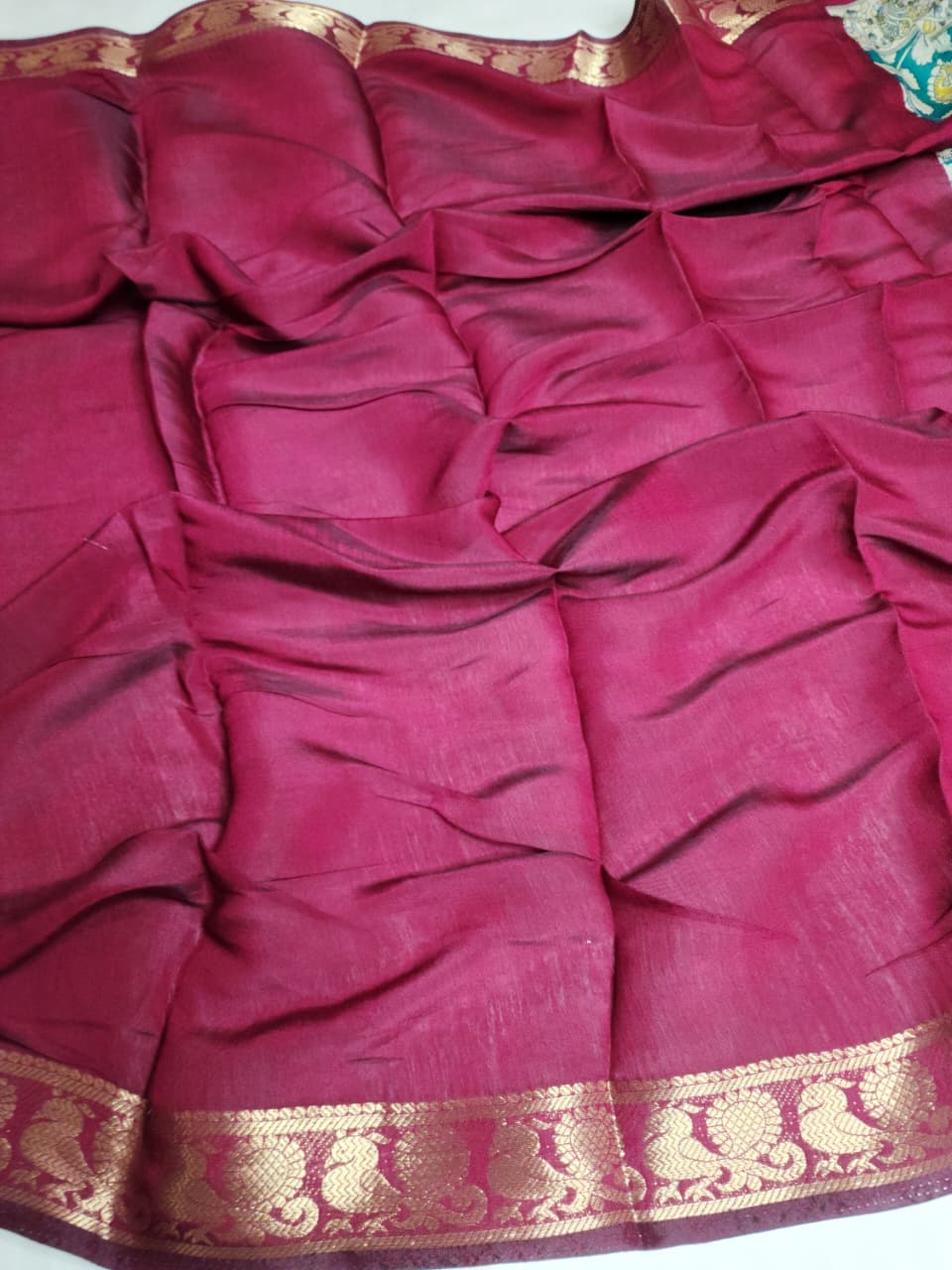 Teal Green & Ivory Kalamkari Cotton Saree with Maroon Zari Border