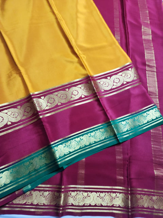 Mysore Silk Saree in Marigold Orange, Rich Red & Emerald Green with Floral Zari Border