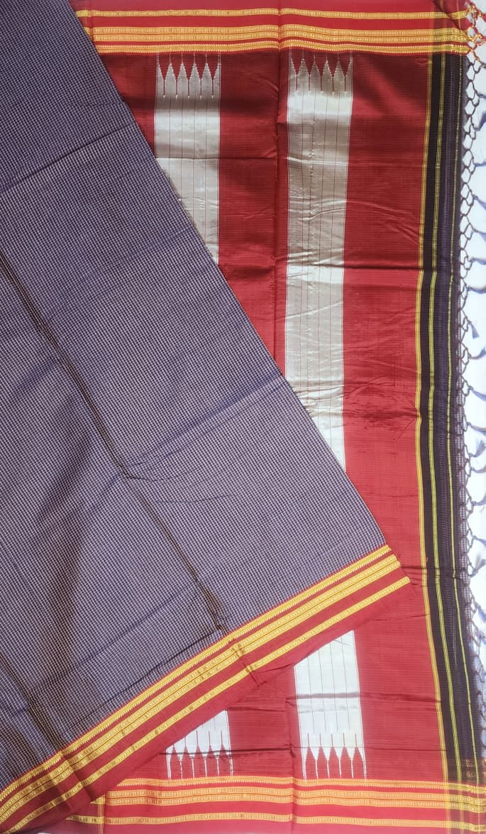 Deep navy checkered Ilkal Cotton Saree