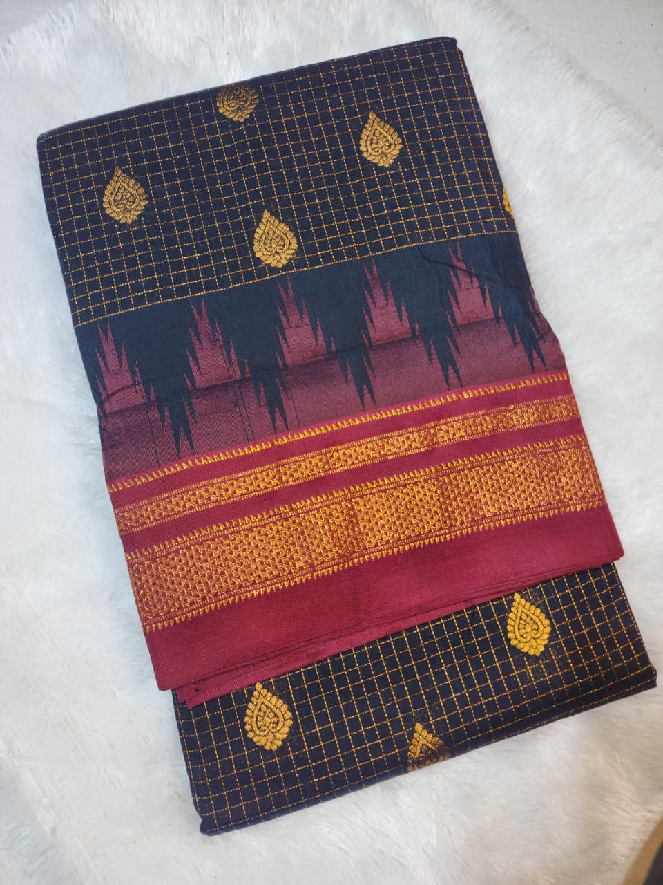Navy Blue Ilkal Checks Butta Saree with Maroon Zari Border