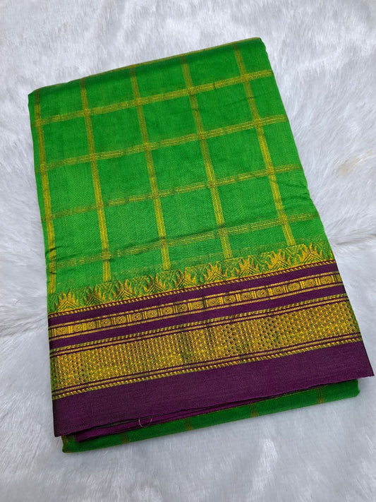 Parrot Green & Purple Big Jari Checks Ilkal Saree