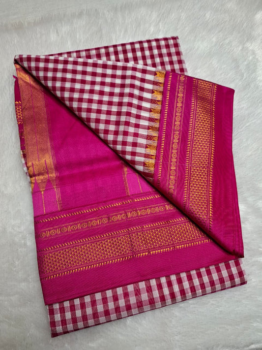 Pink & White Ilkal mini Checks Saree with Rich Pallu