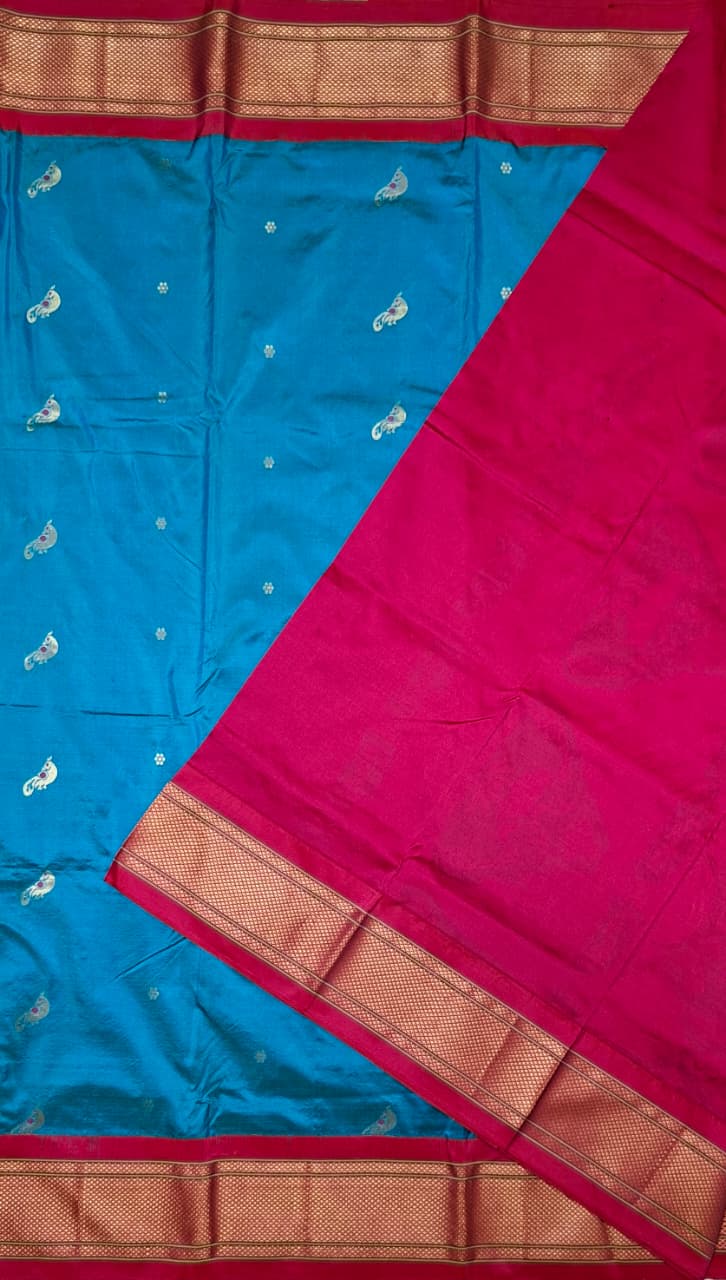Teal Blue Paithani Silk with Peacock Motifs