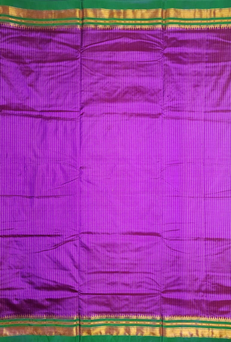Purple Checks Ilkal Saree with Green golden border
