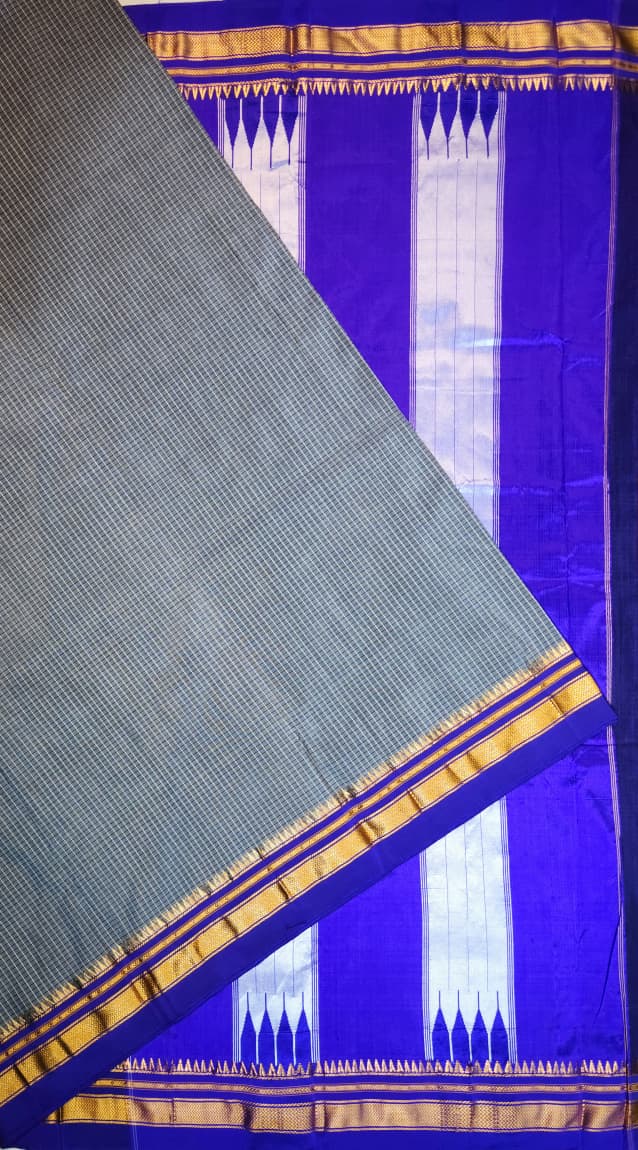 Grey Ilkal Checks Cotton Saree with Thode Paras Border & Silk Pallu
