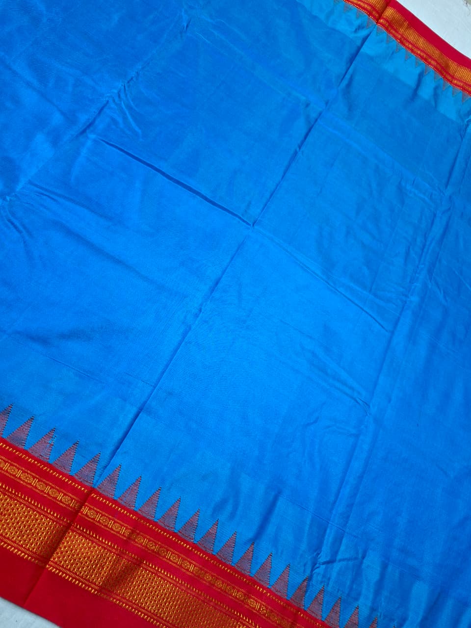 Turquoise Blue Ilkal Viscose Silk Saree with Vermilion Red Chikki Paras Border