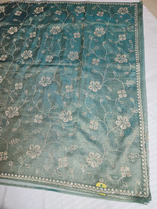 Teal Green Fancy Embroidered Saree