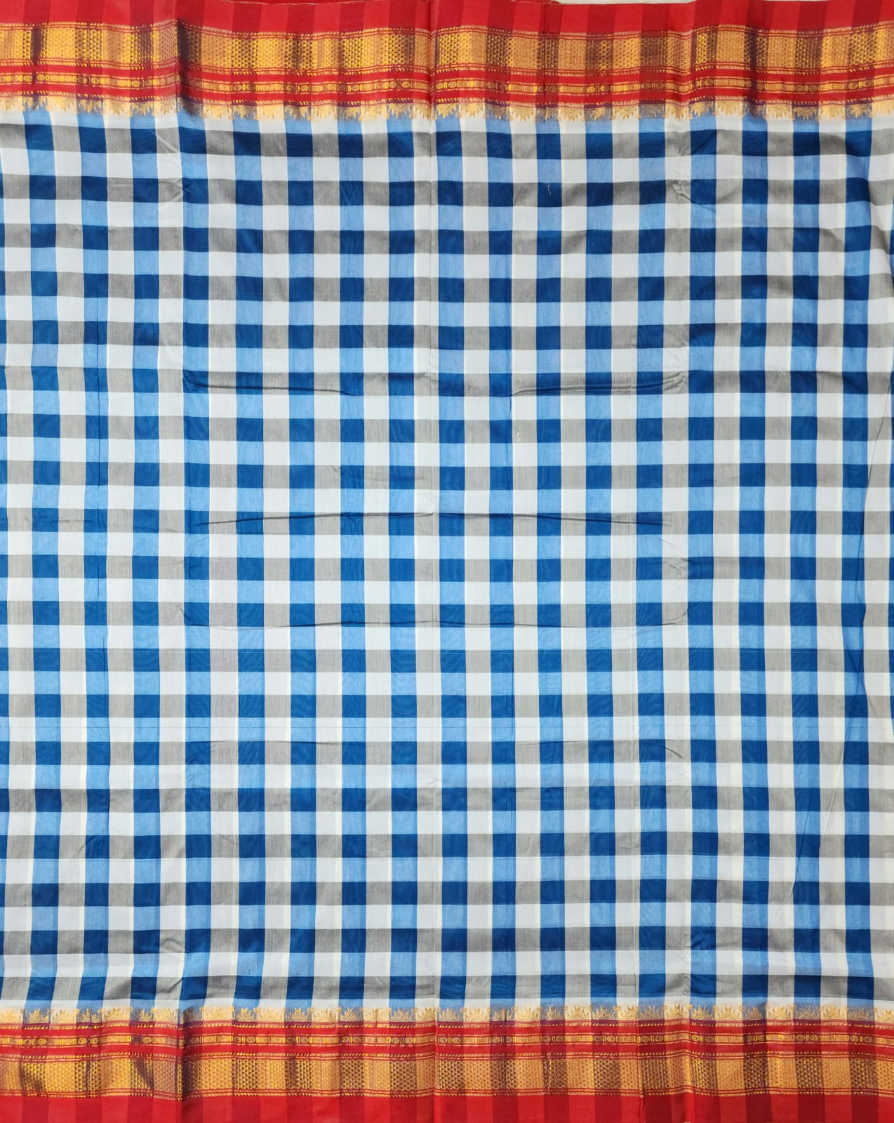Sky blue, Navy blue, and Soft Grey Ilkal Big Checks Saree with Rich Pallu