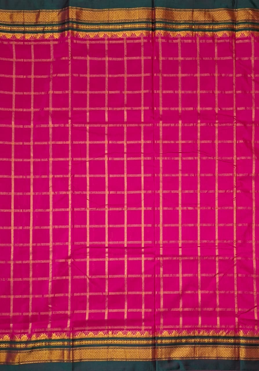 Rani Pink & Bottle Green Big Jari Checks Ilkal Saree