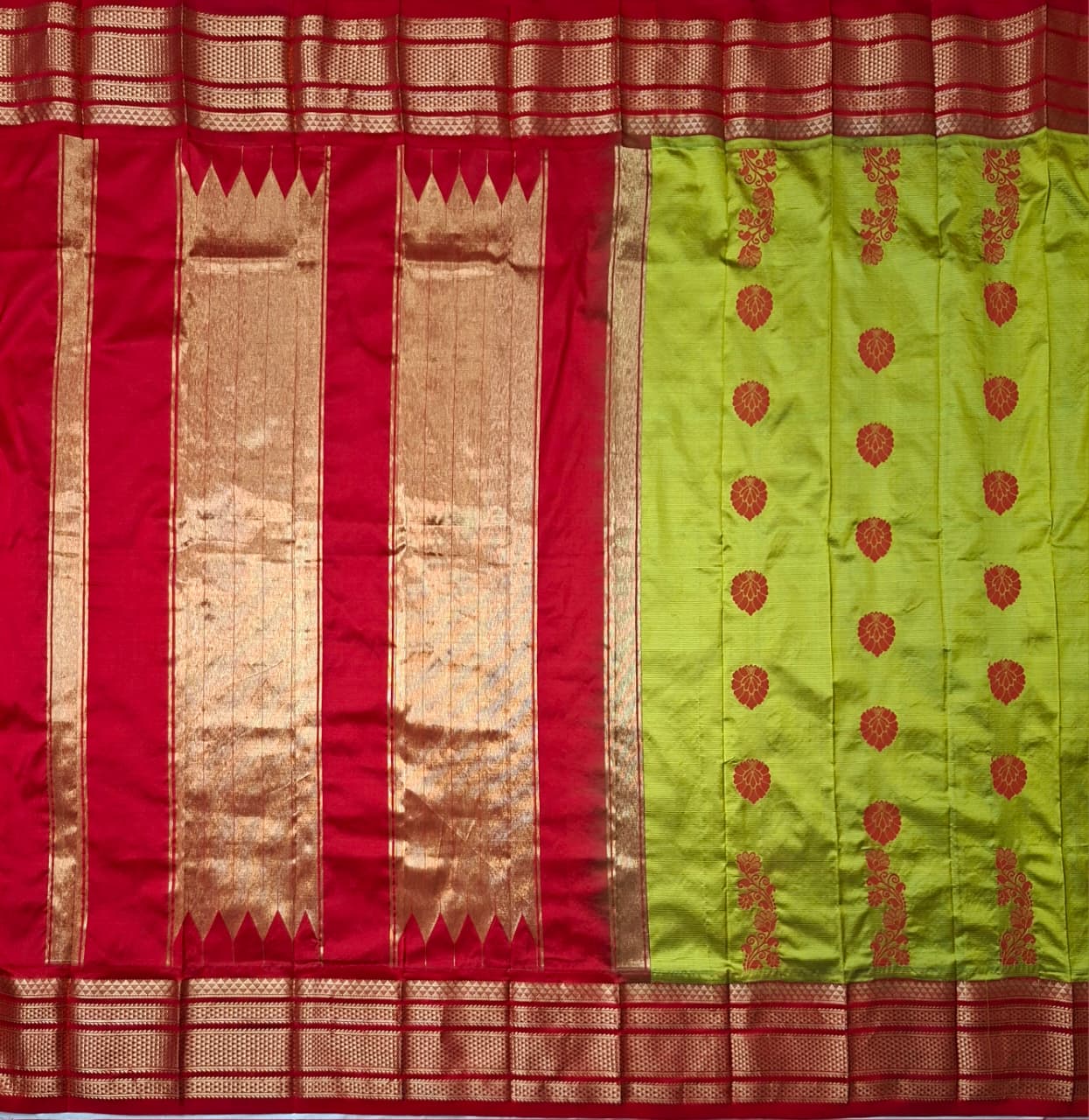 parrot green & red Ilkal saree with floral weavings