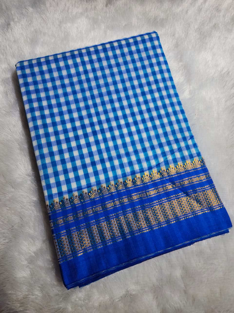 Blue & White Ilkal mini Checks Saree with Zari Border
