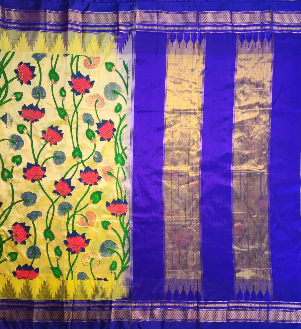 Bright yellow Ilkal–Kalamkari Floral print Fusion Saree