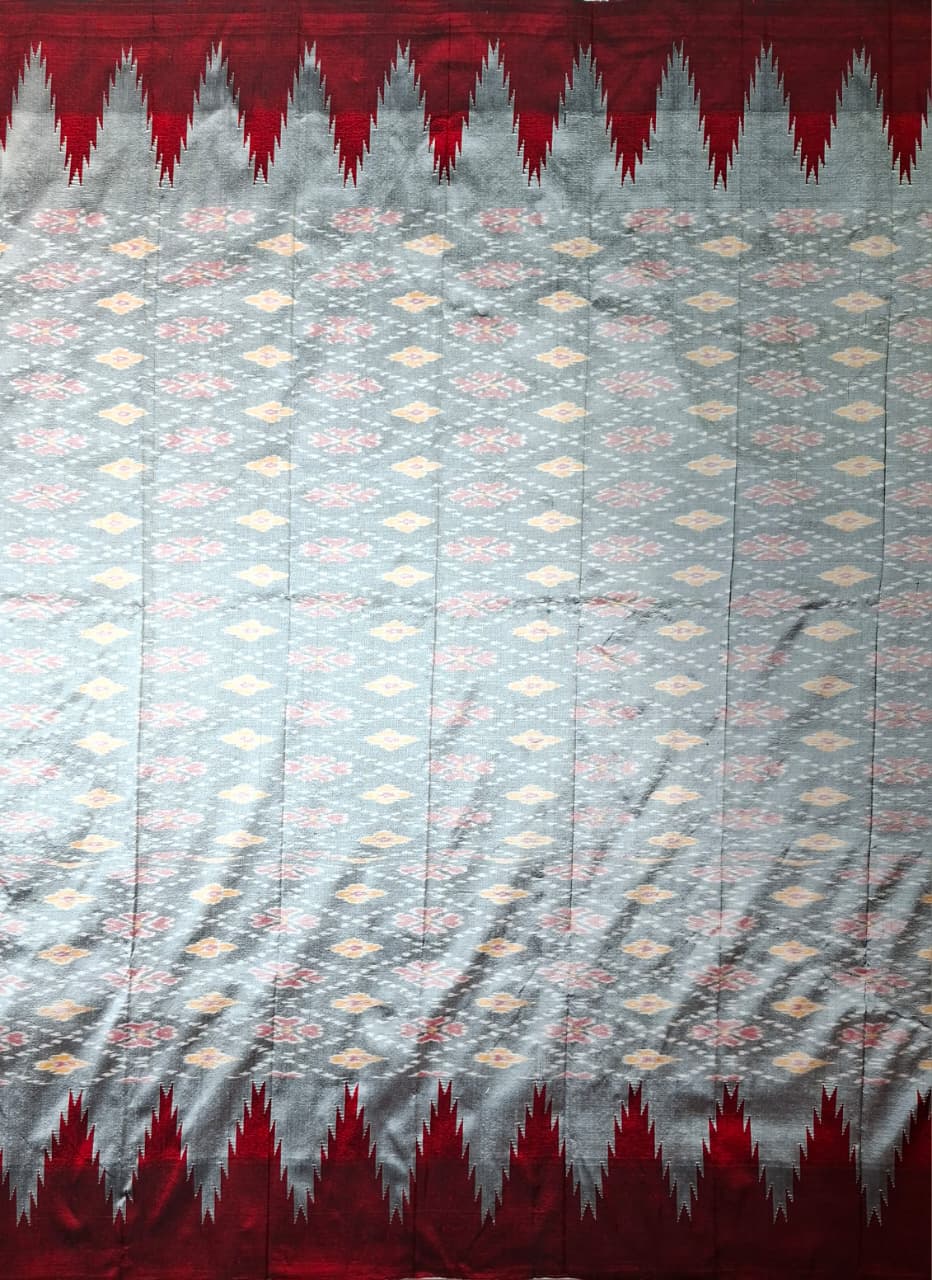 Ash handloom pure silk fusion Ilkal- Ikkat with Maroon Kanchi border