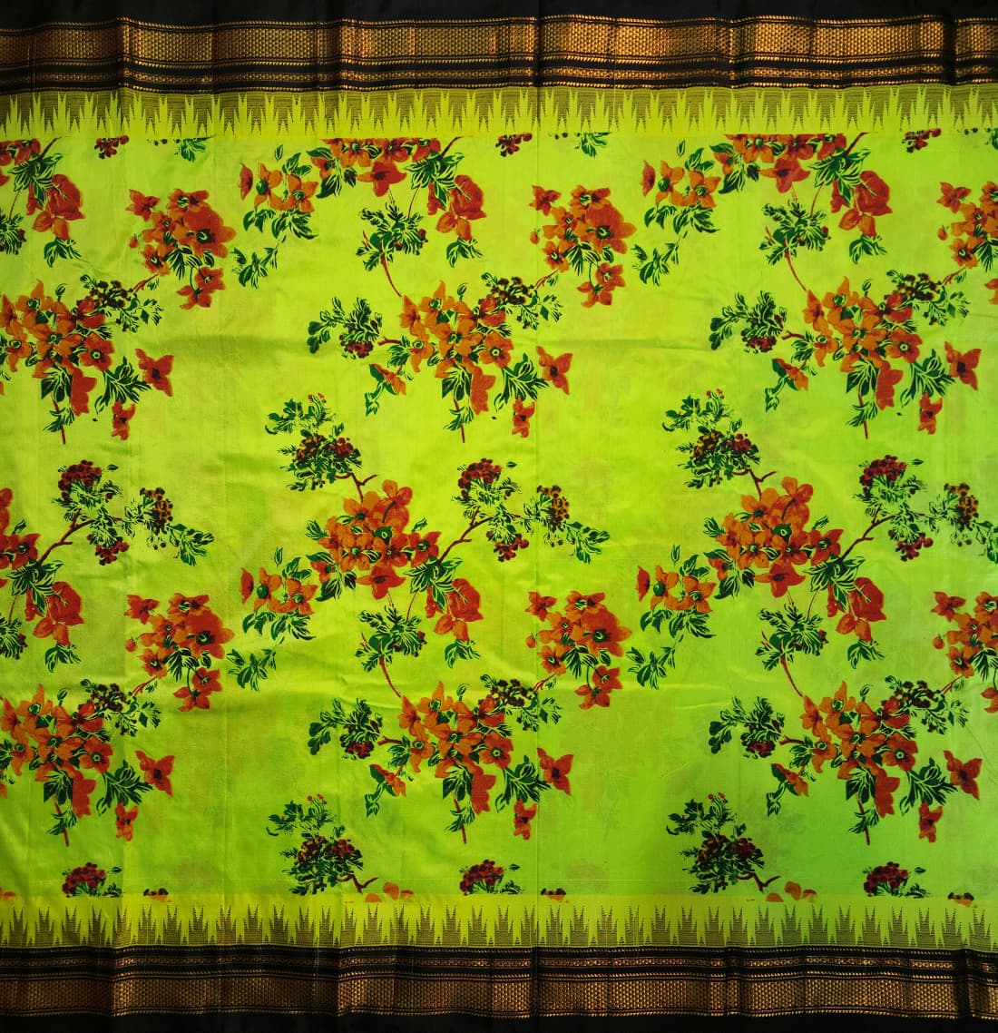 Vibrant Lime Green Ilkal–Kalamkari Floral print Fusion Saree