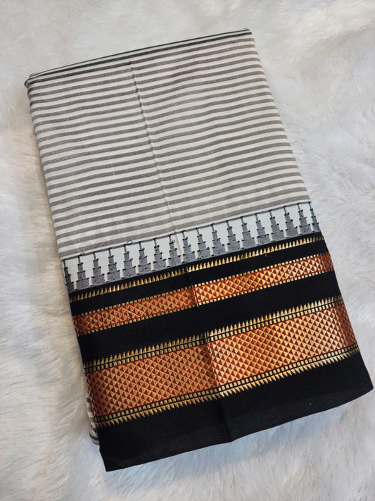 Ivory-Beige Gadwal Pure Ilkal Silk Saree with Rapid Stripes