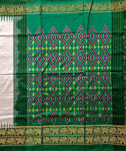 White-Green Plain Handloom Pochampally pure silk with Ikkat design blouse