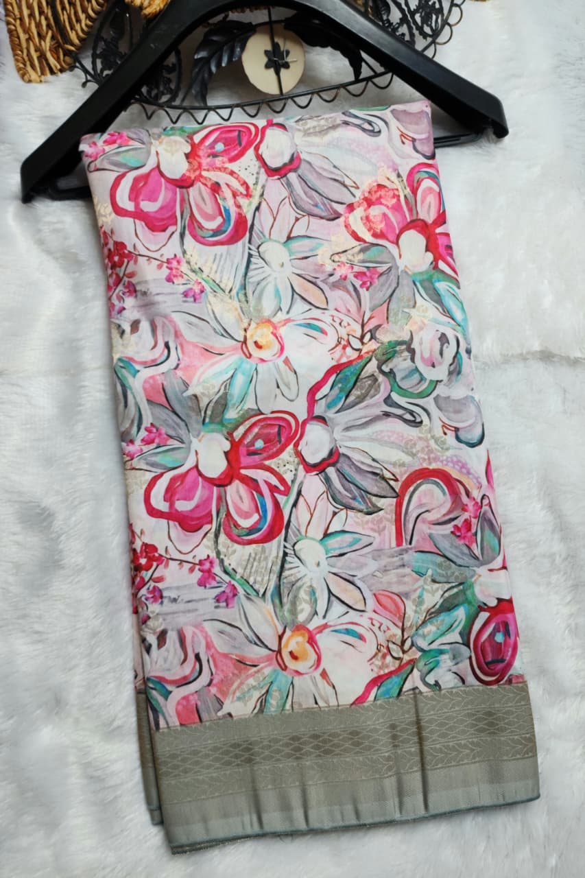 White Viscose Dola Silk Floral Print