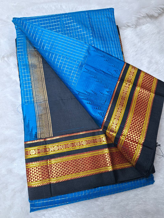Blue-Black Ilkal Gadwal Pure silk Saree-Malabar Edition