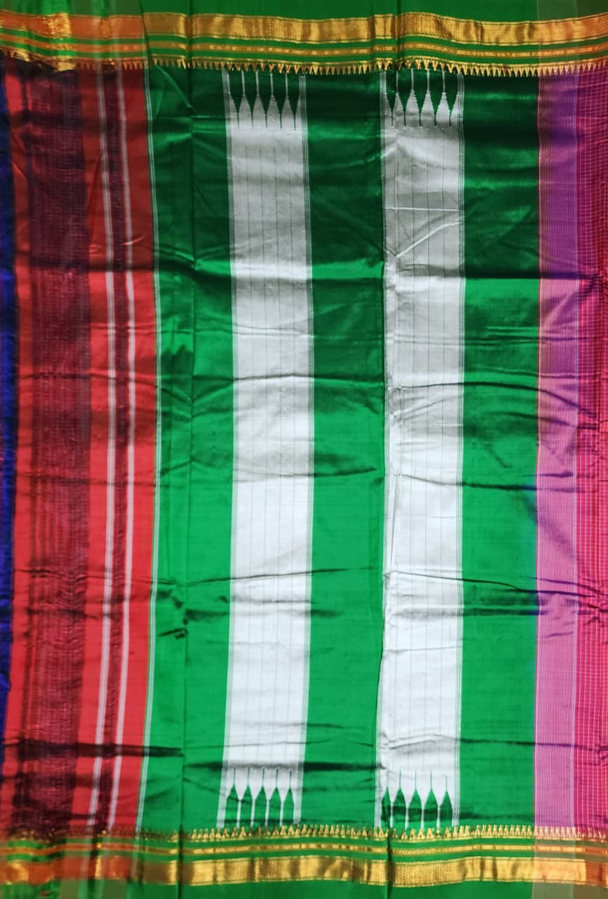 Pink Checks Ilkal Saree with Green-Gold Border