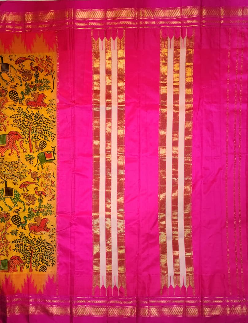 Mustard Kalamkari Cotton Saree with Pink Ilkal-Style Border