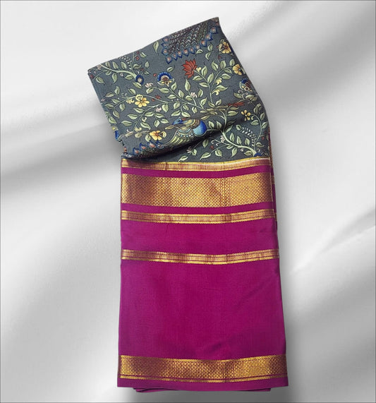 Majestic Peacock Print and Magenta Zari