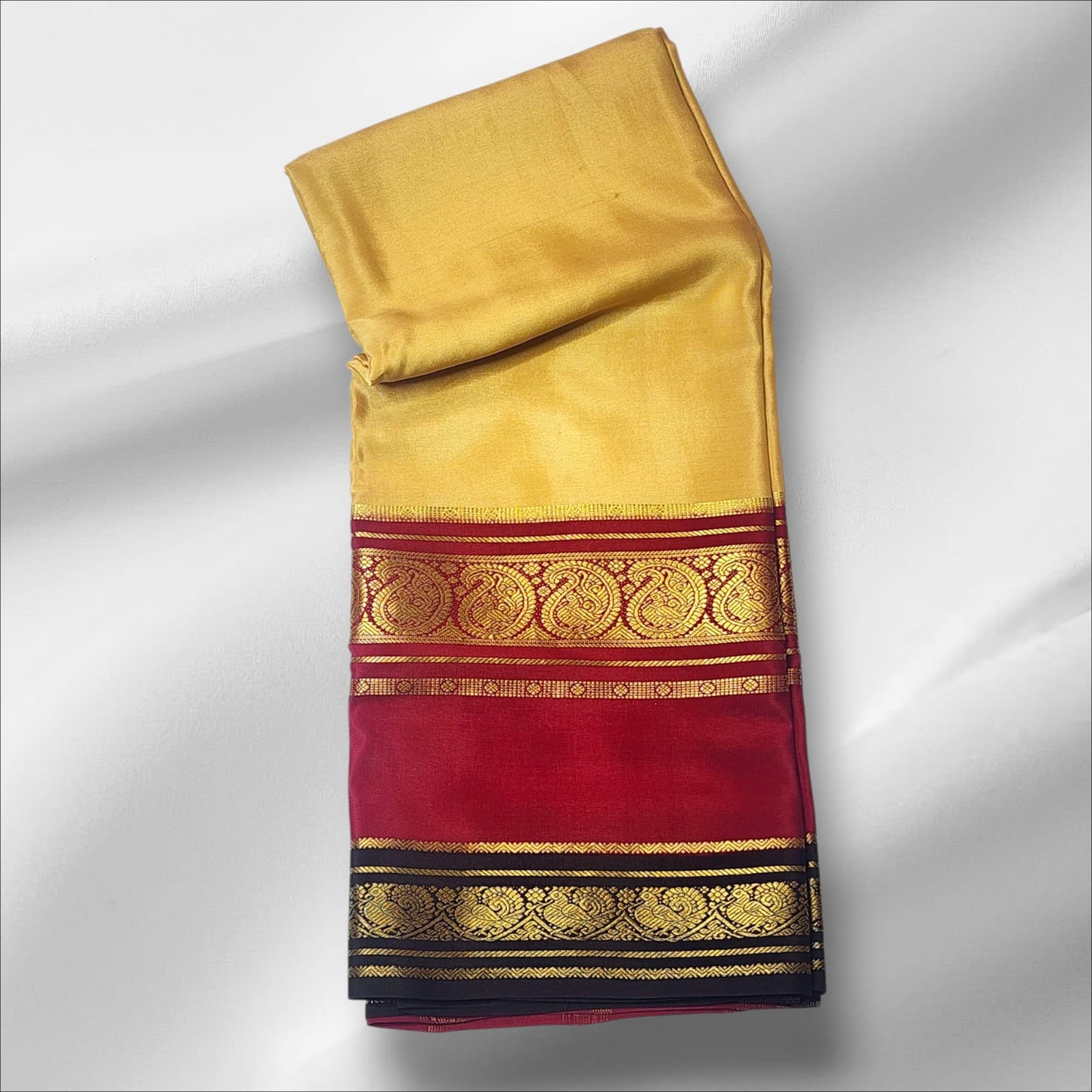 Golden Beige & Maroon Mysore Silk Saree with Zari Borders