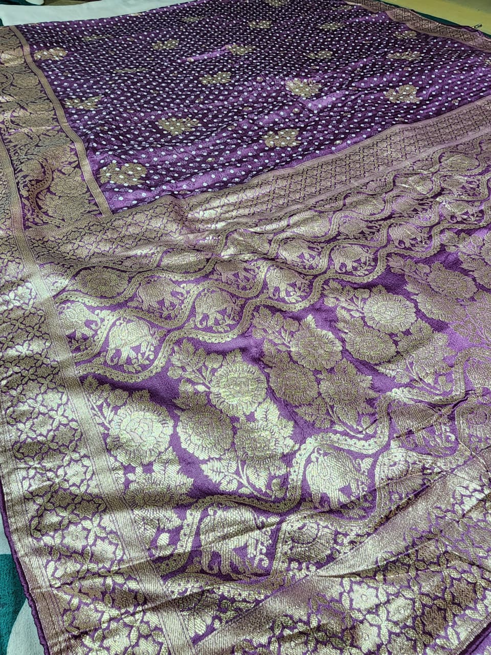 Royal Purple Bandhani-Style Zari Work Saree with Elephant Motif Border