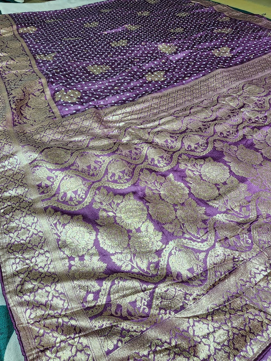 Royal Purple Bandhani-Style Zari Work Saree with Elephant Motif Border