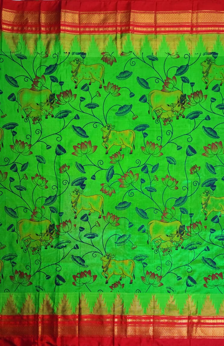 Parrot Green Ilkal–Kalamkari Floral print Fusion Saree