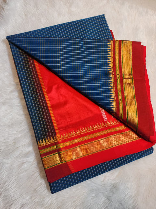 Blue Ilkal Checks Cotton Saree with Thode Paras Border & Silk Pallu