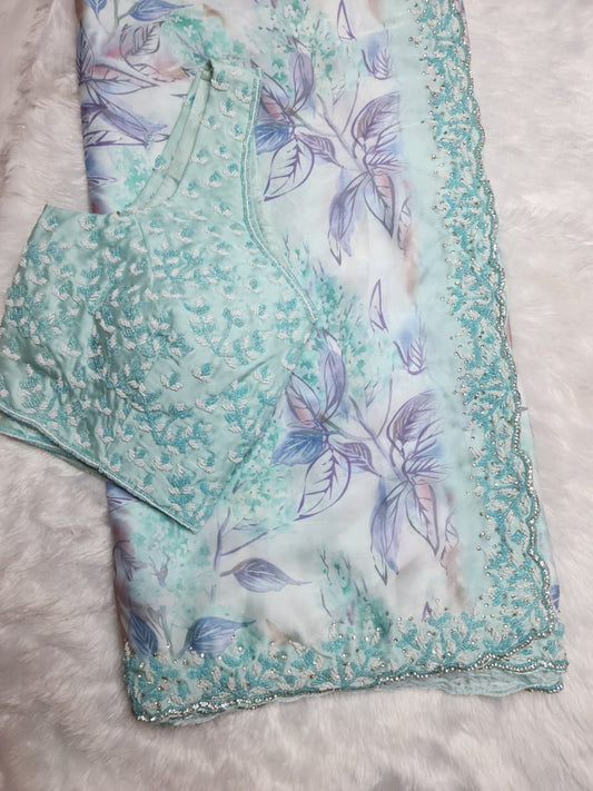 Pastel Blue Floral Party Wear Saree – Soft Elegance Edition