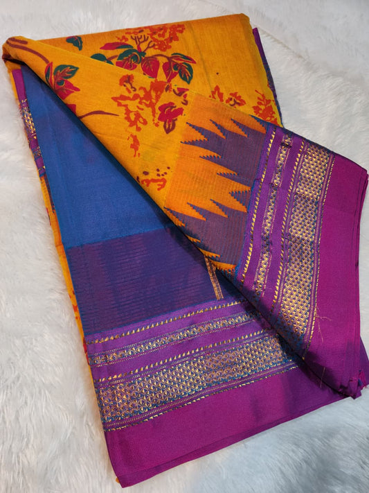 Orange Kalamkari Cotton Saree with Purple Zari Border