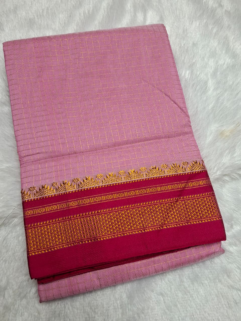 Blush Pink Mini Checks Ilkal Meera Saree with Rani Pink Zari Border