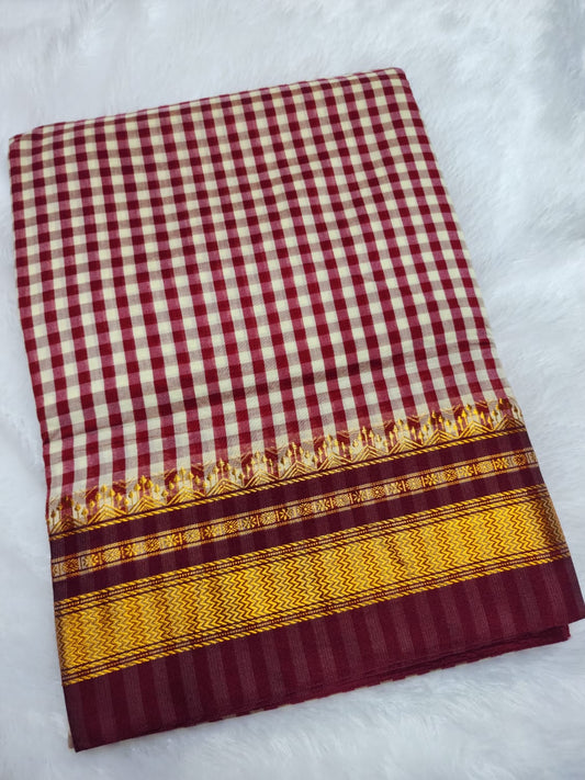 Wine Maroon & ivory Ilkal mini Checks Saree with Rich Pallu