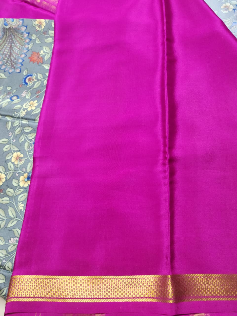 Majestic Peacock Print and Magenta Zari