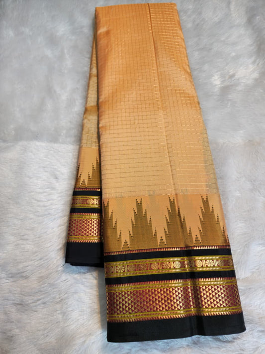 Gold Beige- Black Ilkal Gadwal Pure Silk Saree - Malabar Edition