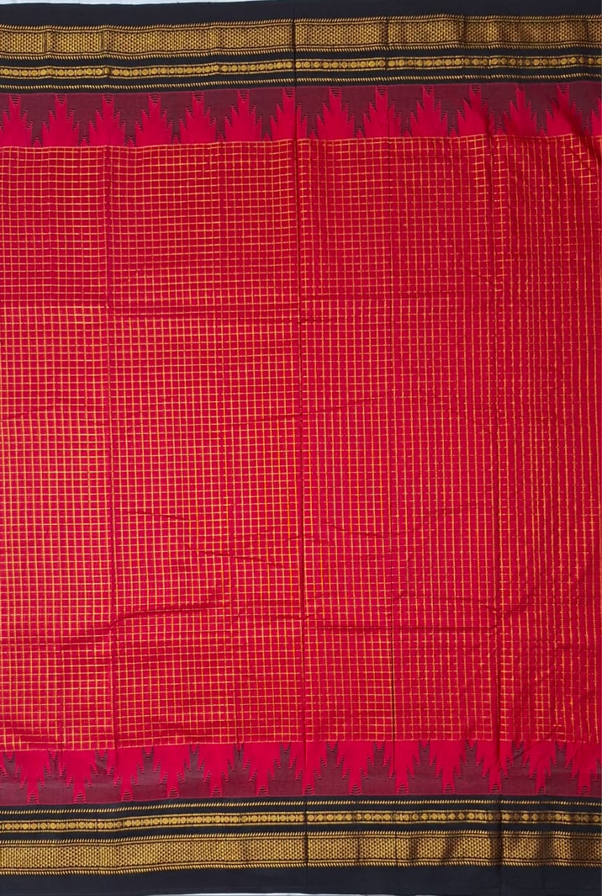 Vermilion Red Gadwal Chaduranga Ilkal Cotton Saree with Contrast Zari Border & Pallu