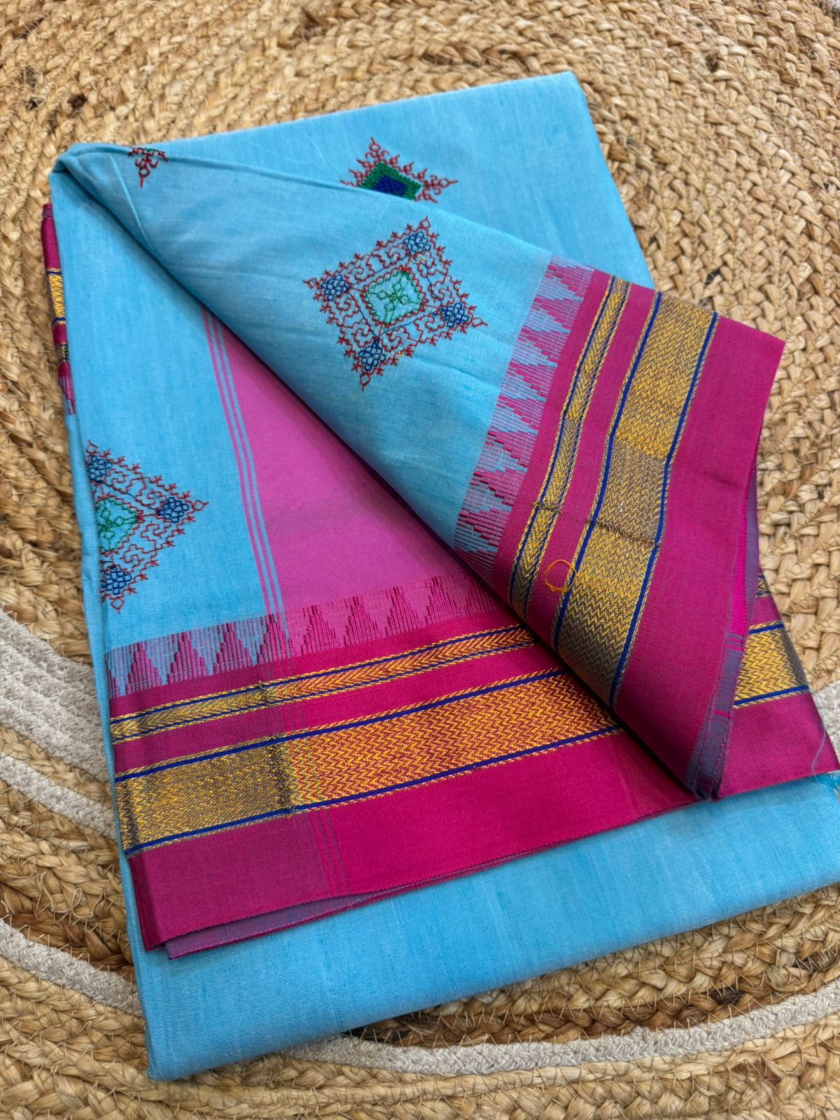 Sky Blue flower Ilkal Kasuti Cotton Saree