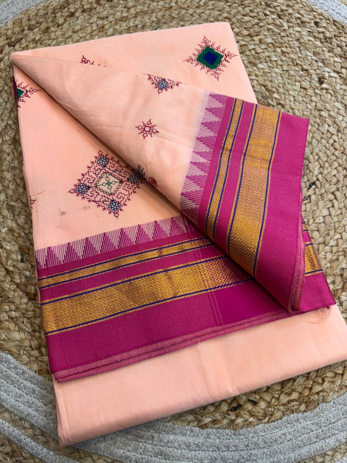 Peach flower Ilkal Kasuti Cotton Saree
