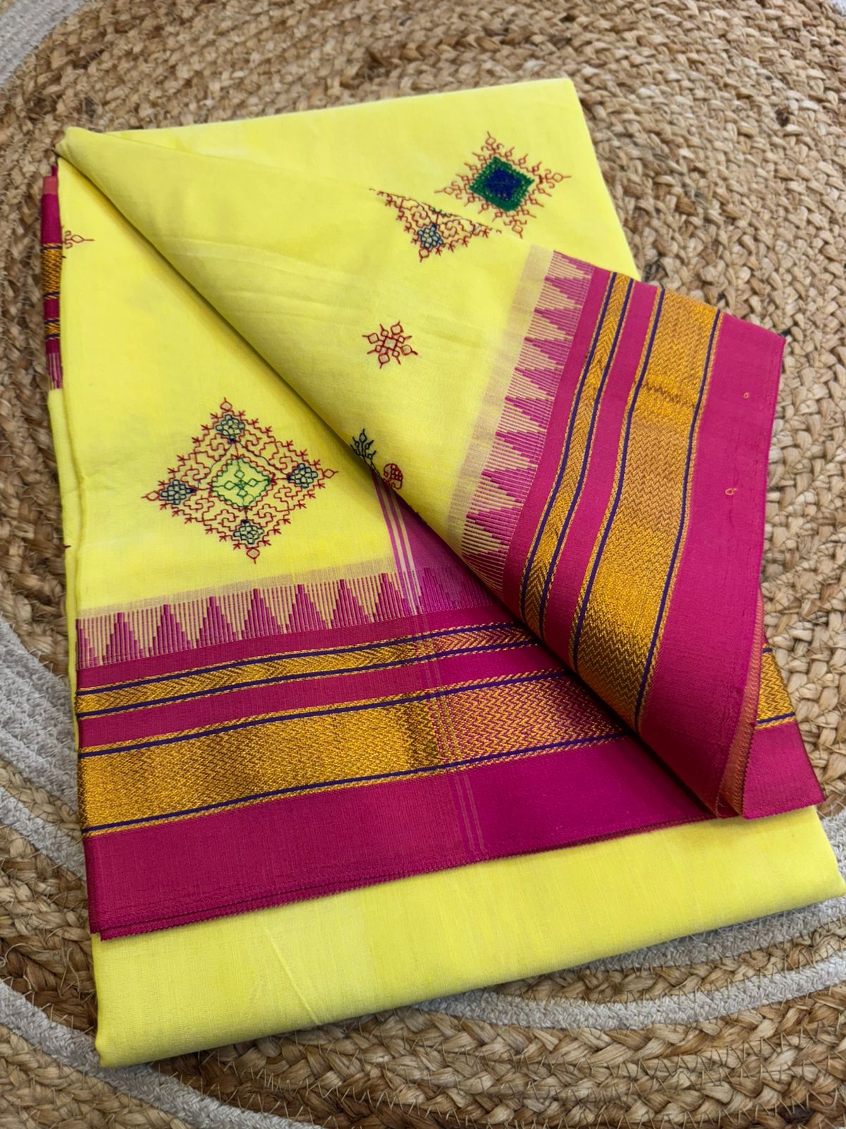 Sunshine Yellow flower Ilkal Kasuti Cotton Saree