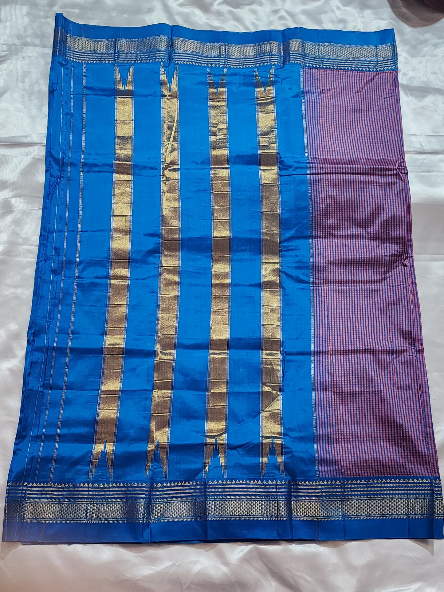 Pink and Blue Checked Ilkal Saree