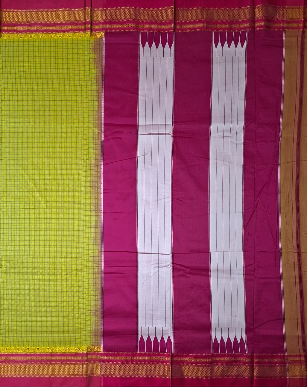 Mustard Yellow thread chaduranga Ilkal with Gadwal  Rani Pink Border