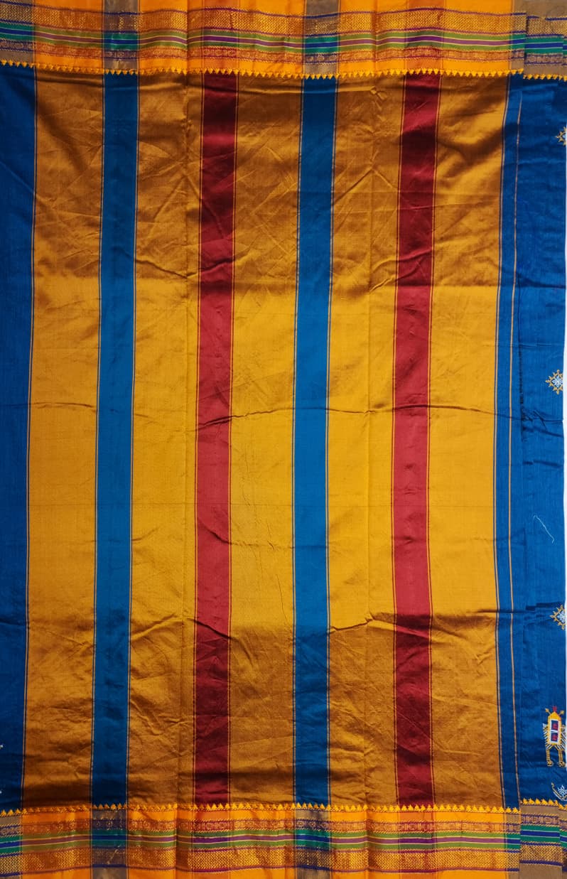 Deep Blue Ilkal Kasuti Saree with Temple Chariot & Elephant Motifs