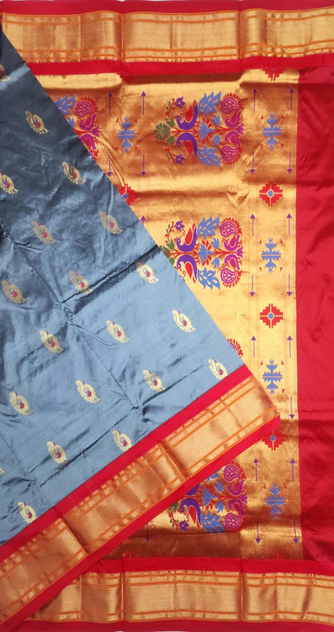 Grey Red Paithani silk